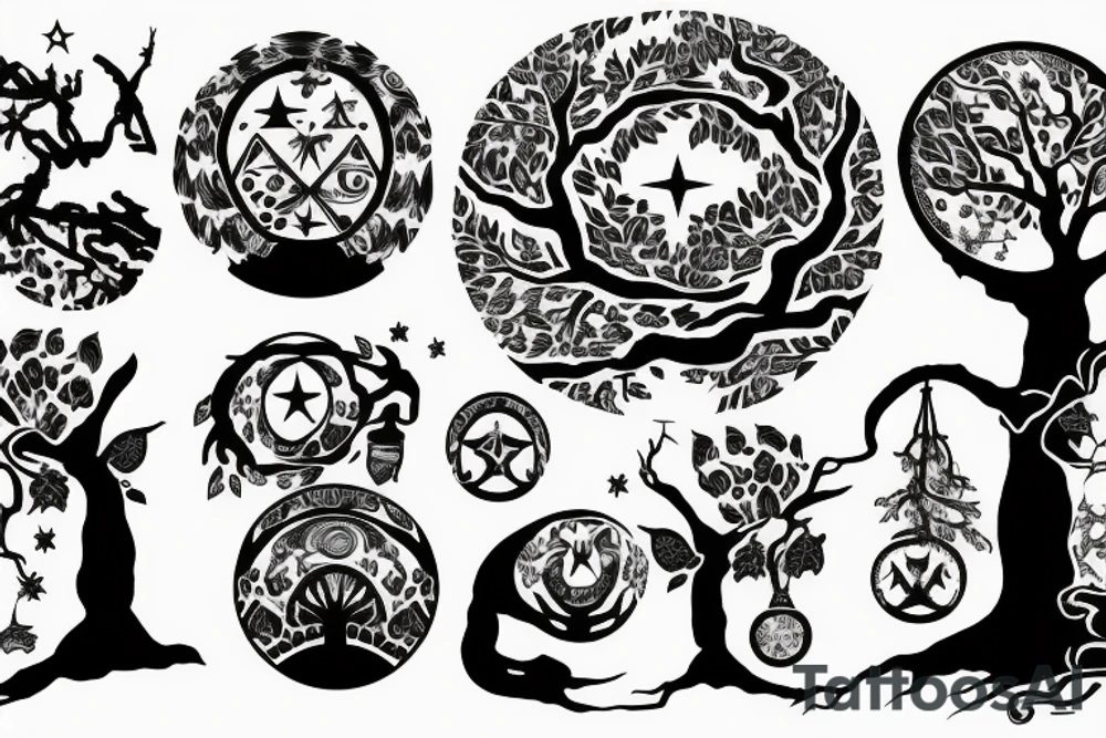 Tree of knowledge with an owl and a sloth in the branches have a moon and a star over the tree and hide the Mickey Mouse ears a base ball the Aries symbol and the Sagittarius symbol in the tree somewhere tattoo idea