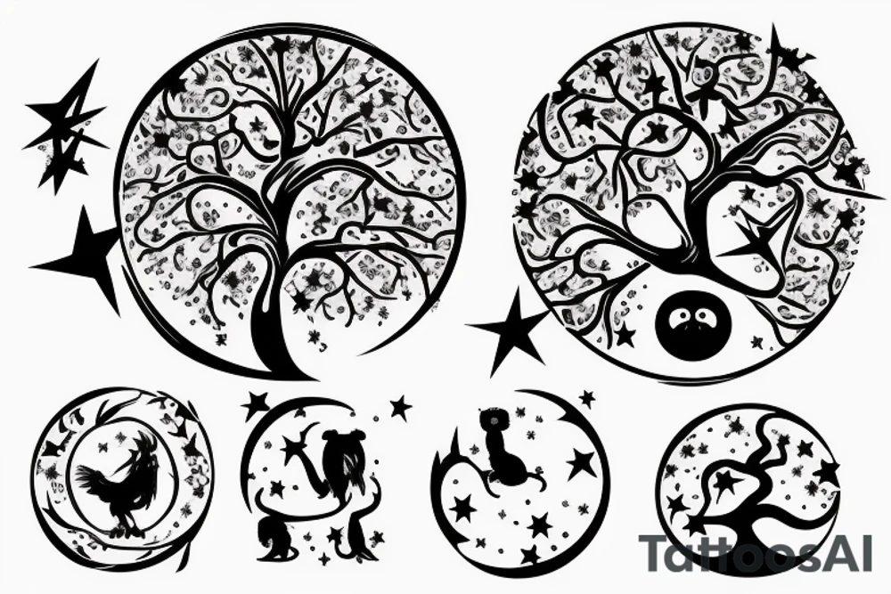 Tree of knowledge with an owl and a sloth in the branches have a moon and a star over the tree and hide the Mickey Mouse ears a base ball the Aries symbol and the Sagittarius symbol in the tree somewhere tattoo idea