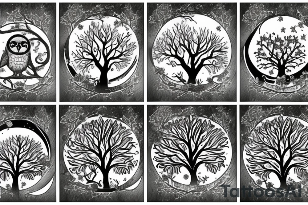 Tree of knowledge with an owl and a sloth sitting in the branches have a moon and a star over the tree tattoo idea