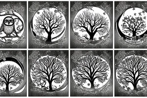 Tree of knowledge with an owl and a sloth sitting in the branches have a moon and a star over the tree tattoo idea