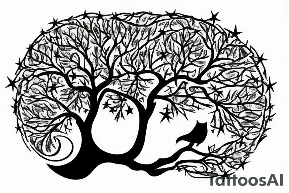 Tree of knowledge with an owl and a sloth sitting in the branches have a moon and a star over the tree tattoo idea