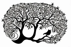 Tree of knowledge with an owl and a sloth sitting in the branches have a moon and a star over the tree tattoo idea