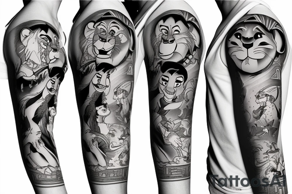 Disney sleeve using lion king, Hercules, Aladdin, and Snow White tattoo idea