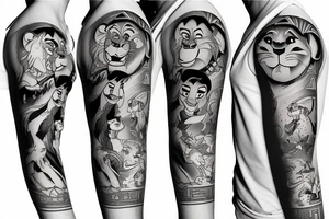 Disney sleeve using lion king, Hercules, Aladdin, and Snow White tattoo idea
