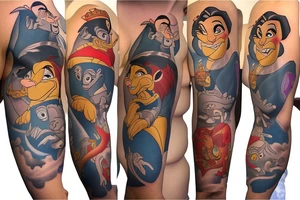 Disney sleeve using lion king, Hercules, Aladdin, and Snow White tattoo idea