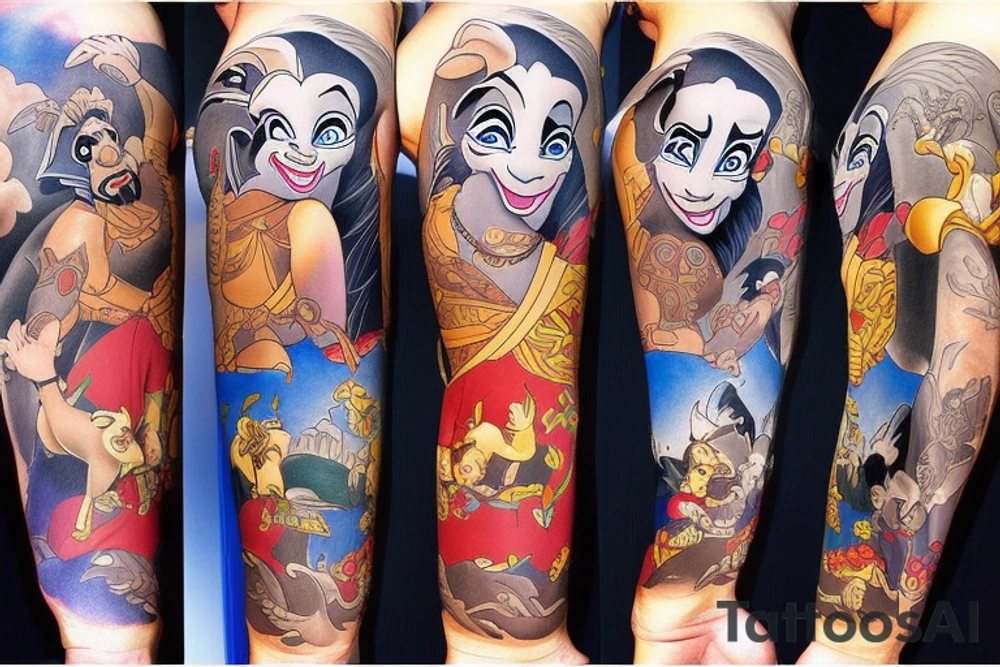 Disney sleeve using lion king, Hercules, Aladdin, and Snow White tattoo idea