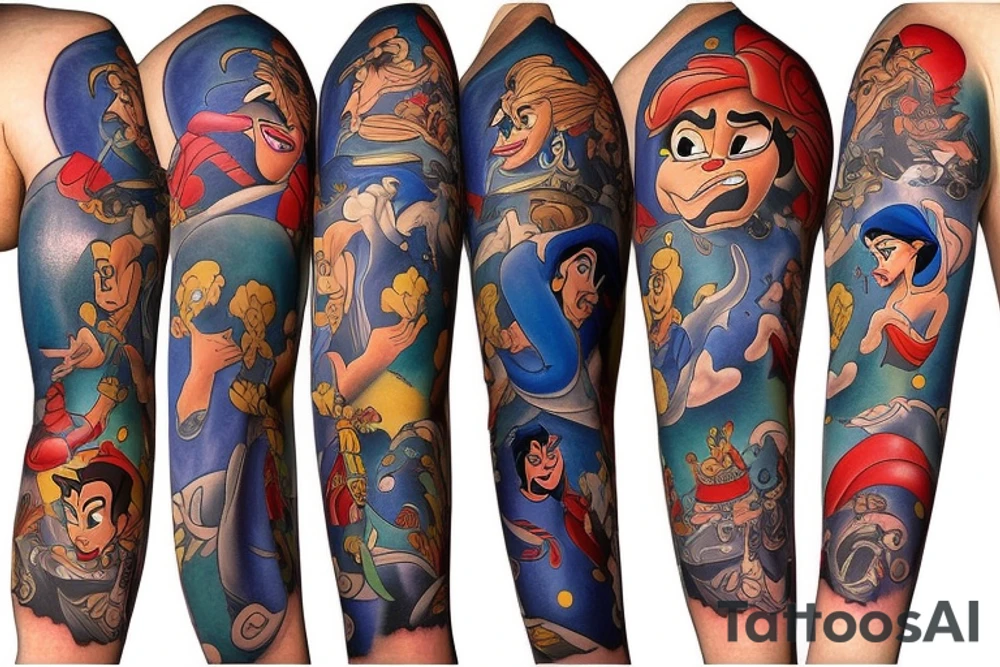 Disney sleeve with Aladdin, lion king, Hercules, and Snow White tattoo idea