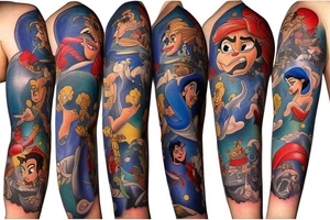 Disney sleeve with Aladdin, lion king, Hercules, and Snow White tattoo idea