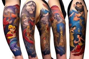 Disney sleeve with Aladdin, lion king, Hercules, and Snow White tattoo idea