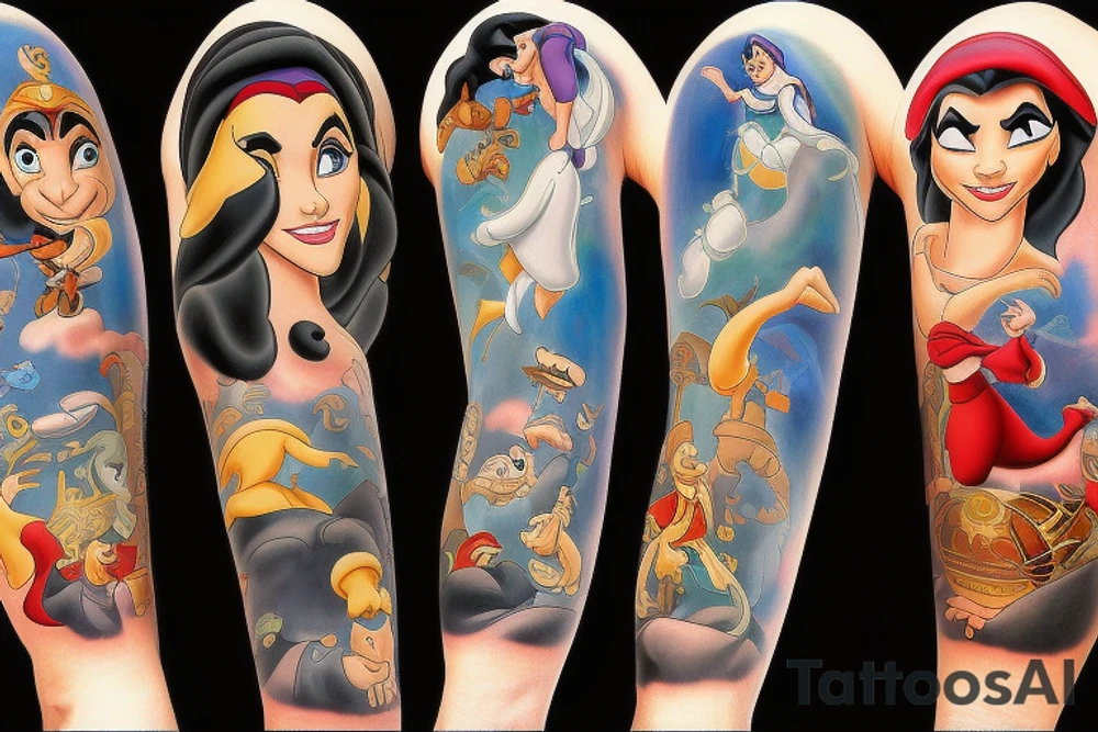 Disney sleeve with Aladdin, lion king, Hercules, and Snow White tattoo idea