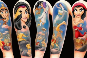 Disney sleeve with Aladdin, lion king, Hercules, and Snow White tattoo idea