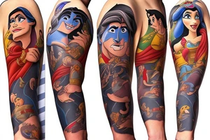 Disney sleeve with Aladdin, lion king, Hercules, and Snow White tattoo idea