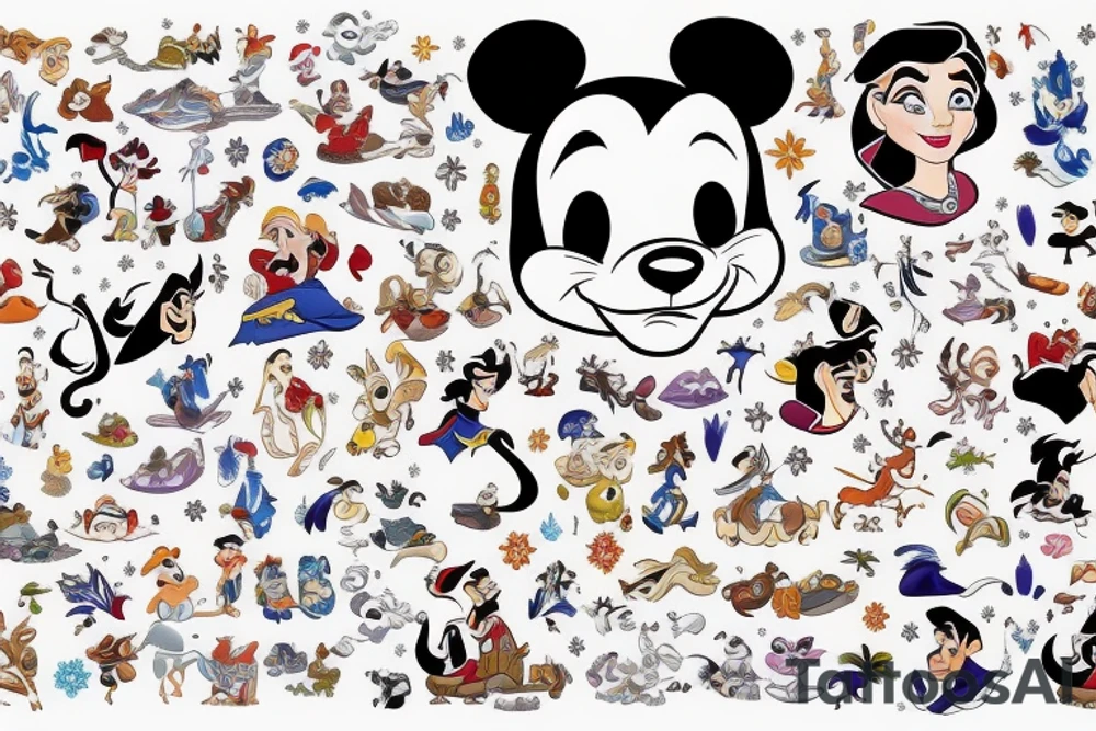 Disney sleeve with Aladdin, lion king, Hercules, and Snow White tattoo idea