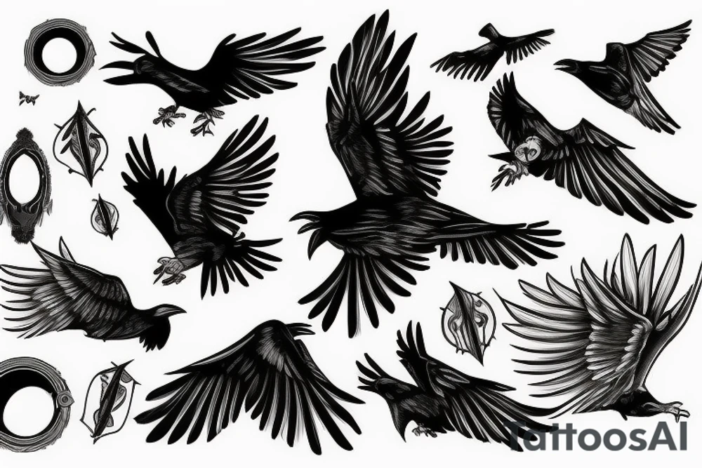 Flying crow with eyes on the wings tattoo idea