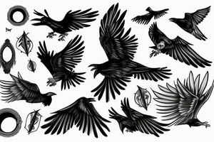 Flying crow with eyes on the wings tattoo idea