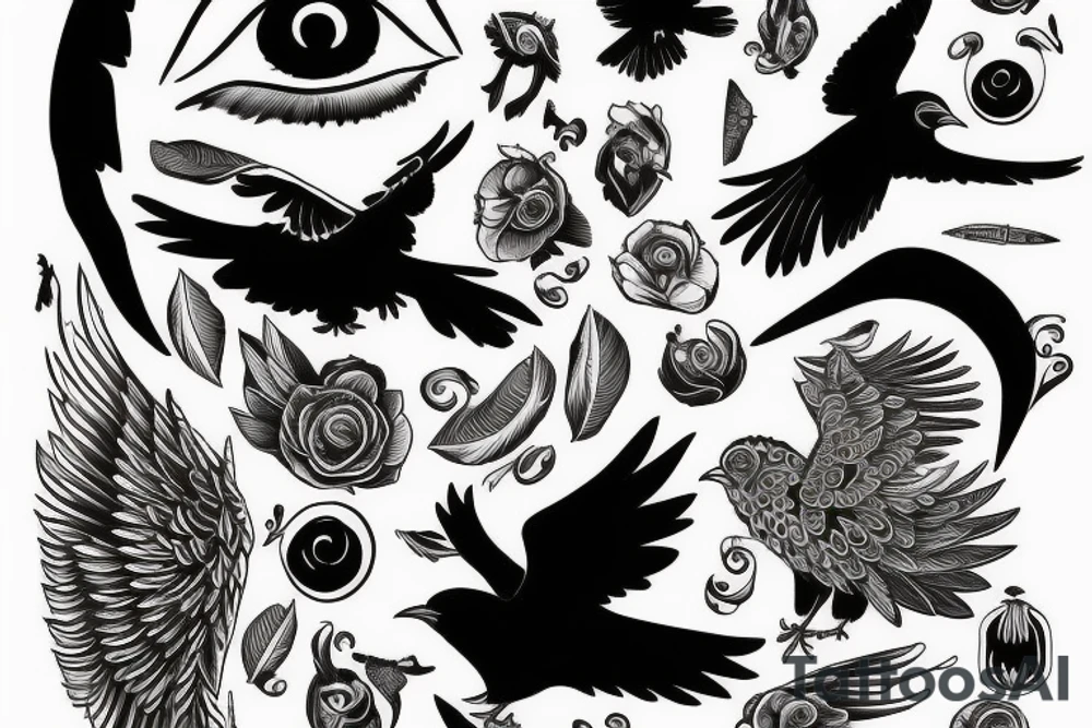 Flying crow with eyes on the wings tattoo idea