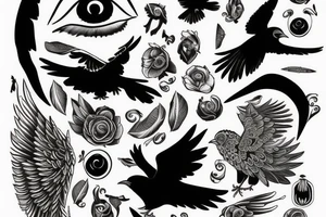 Flying crow with eyes on the wings tattoo idea
