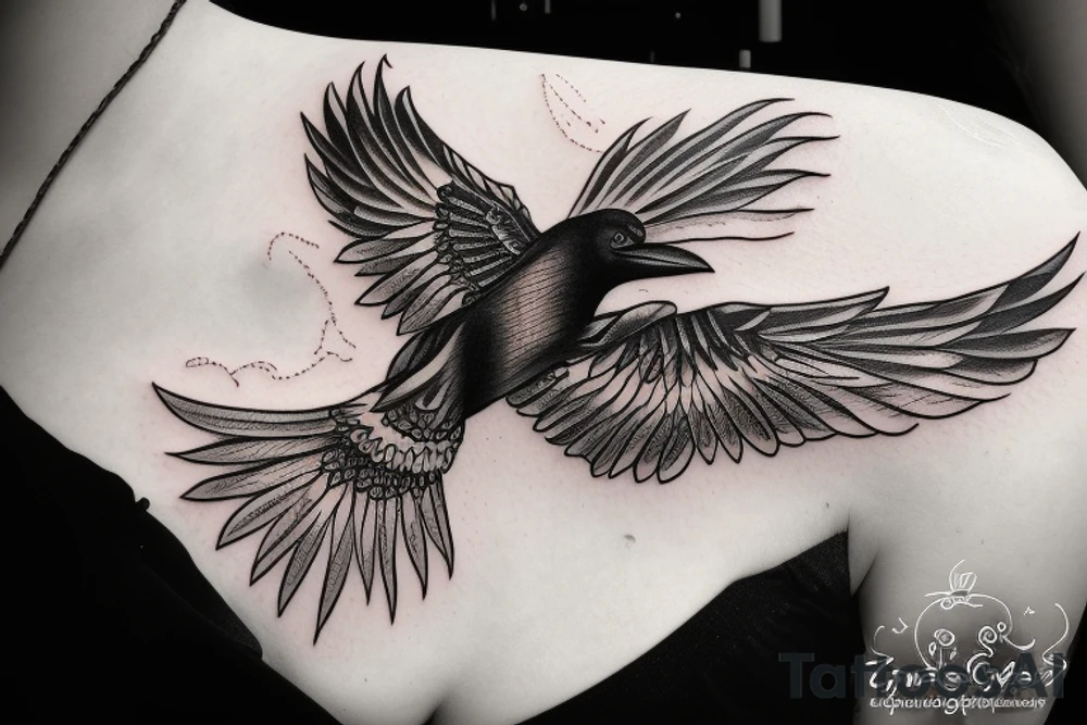 Flying crow with eyes on the wings tattoo idea