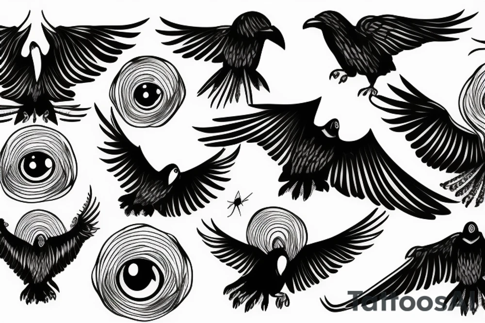 Flying crow with eyes on its wings tattoo idea