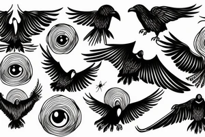 Flying crow with eyes on its wings tattoo idea