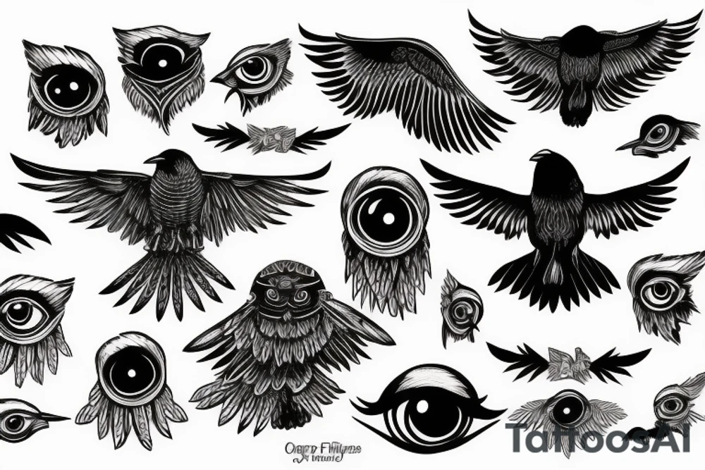 Flying crow with eyes on its wings tattoo idea