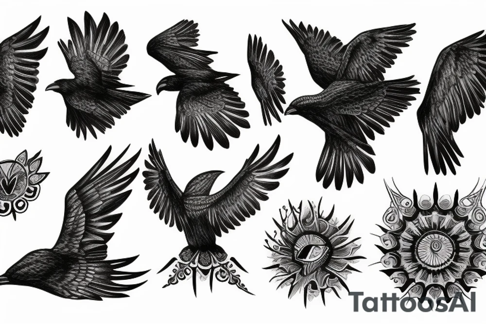Flying crow with eyes on its wings tattoo idea