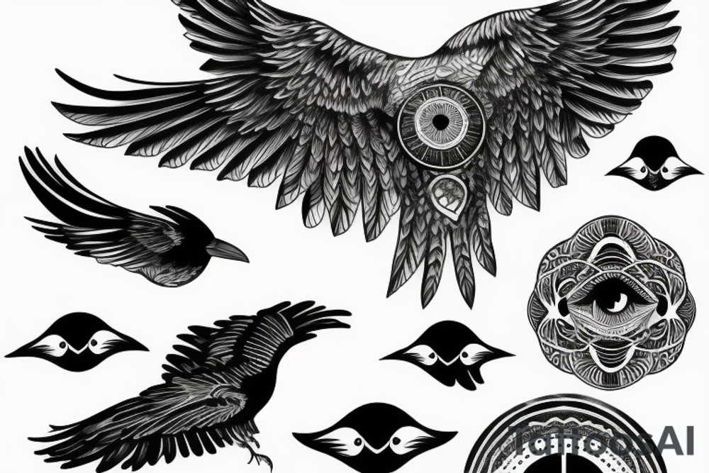 Flying crow with eyes on its wings tattoo idea