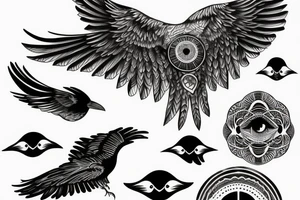Flying crow with eyes on its wings tattoo idea
