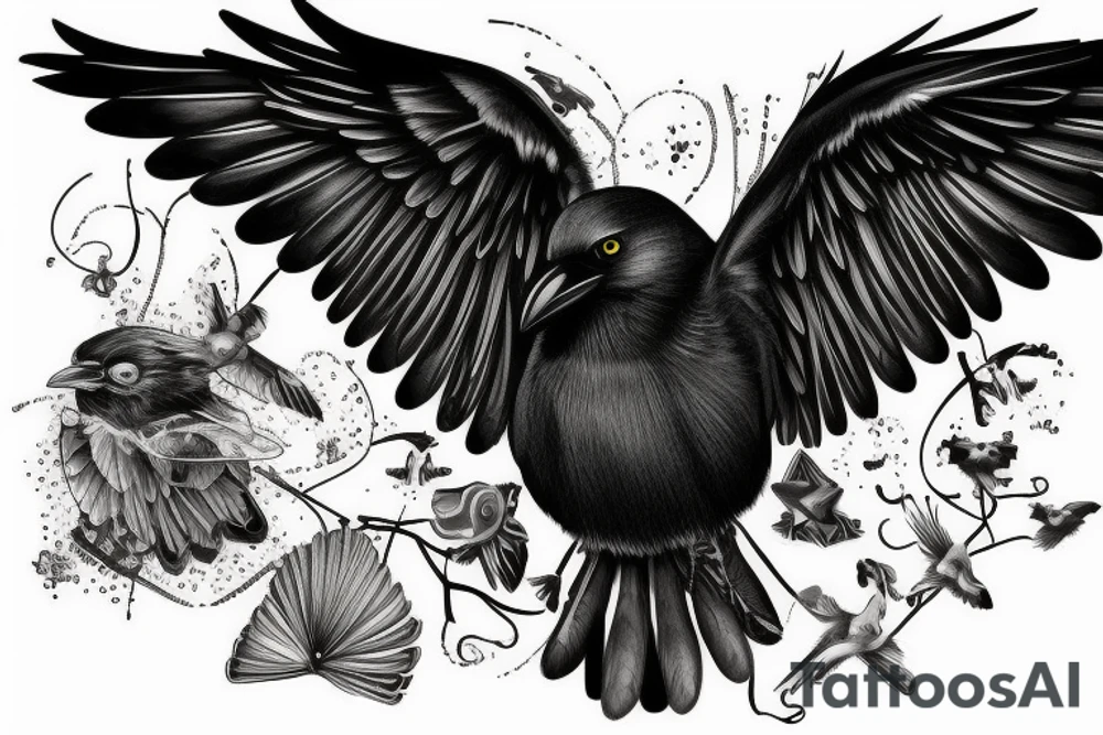 Flying crow with eyes on the wings tattoo idea