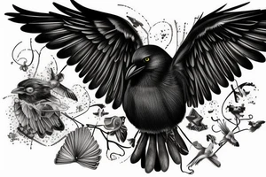 Flying crow with eyes on the wings tattoo idea