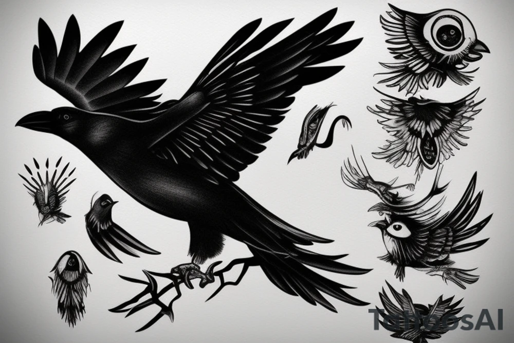 Flying crow with eyes on the wings tattoo idea