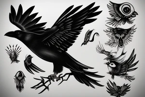 Flying crow with eyes on the wings tattoo idea