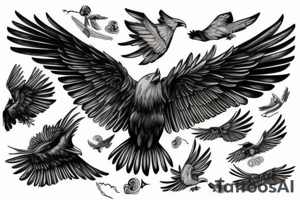 Flying crow with eyes on the wings tattoo idea
