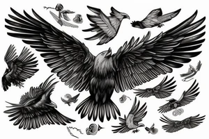 Flying crow with eyes on the wings tattoo idea