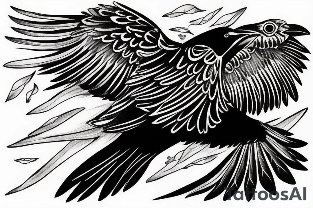 Flying crow with eyes on the wings tattoo idea