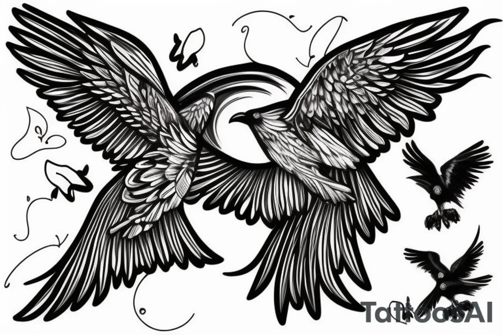 Drawn Flying crow with eyes on the wings tattoo idea