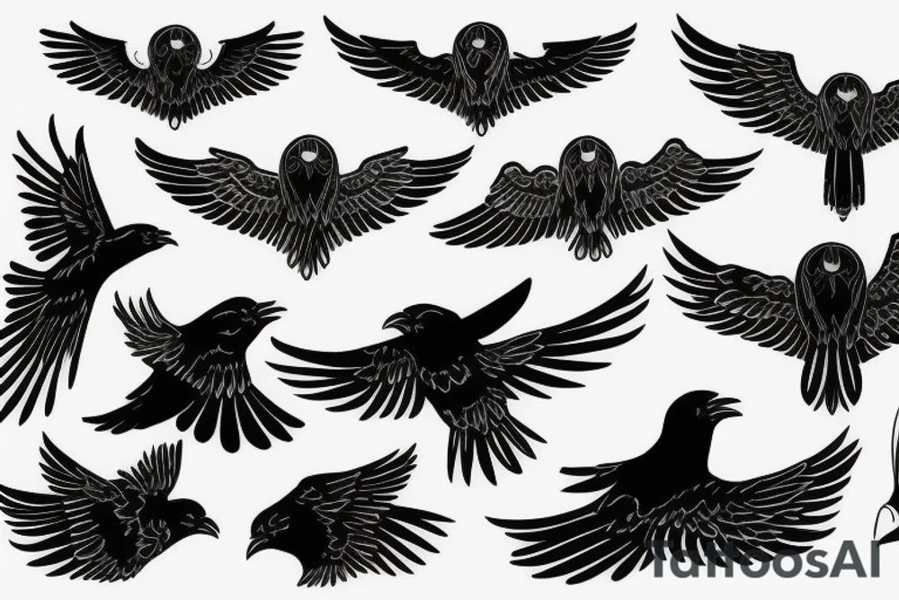 Drawn Flying crow with eyes on the wings tattoo idea
