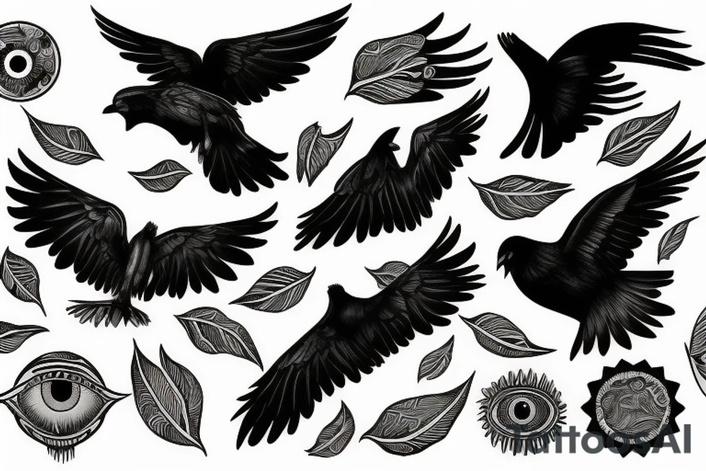 Drawn Flying crow with eyes on the wings tattoo idea
