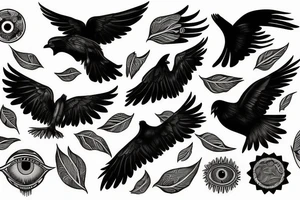 Drawn Flying crow with eyes on the wings tattoo idea