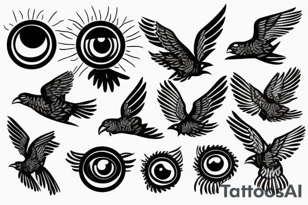 Drawn Flying crow with eyes on the wings tattoo idea