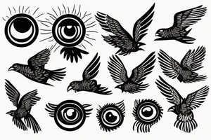 Drawn Flying crow with eyes on the wings tattoo idea