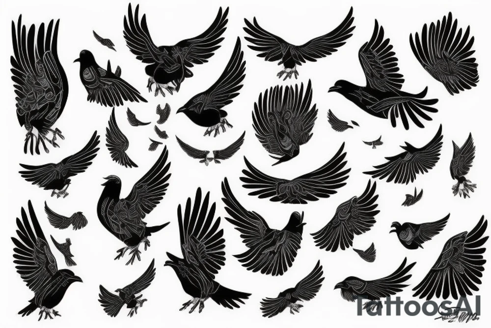 Drawn Flying crow with eyes on the wings tattoo idea
