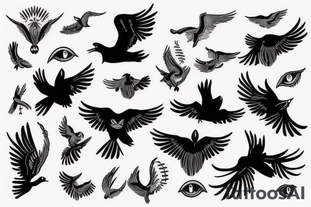 Drawn Flying crow with eyes on the wings tattoo idea