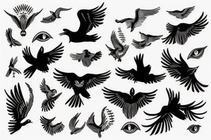 Drawn Flying crow with eyes on the wings tattoo idea