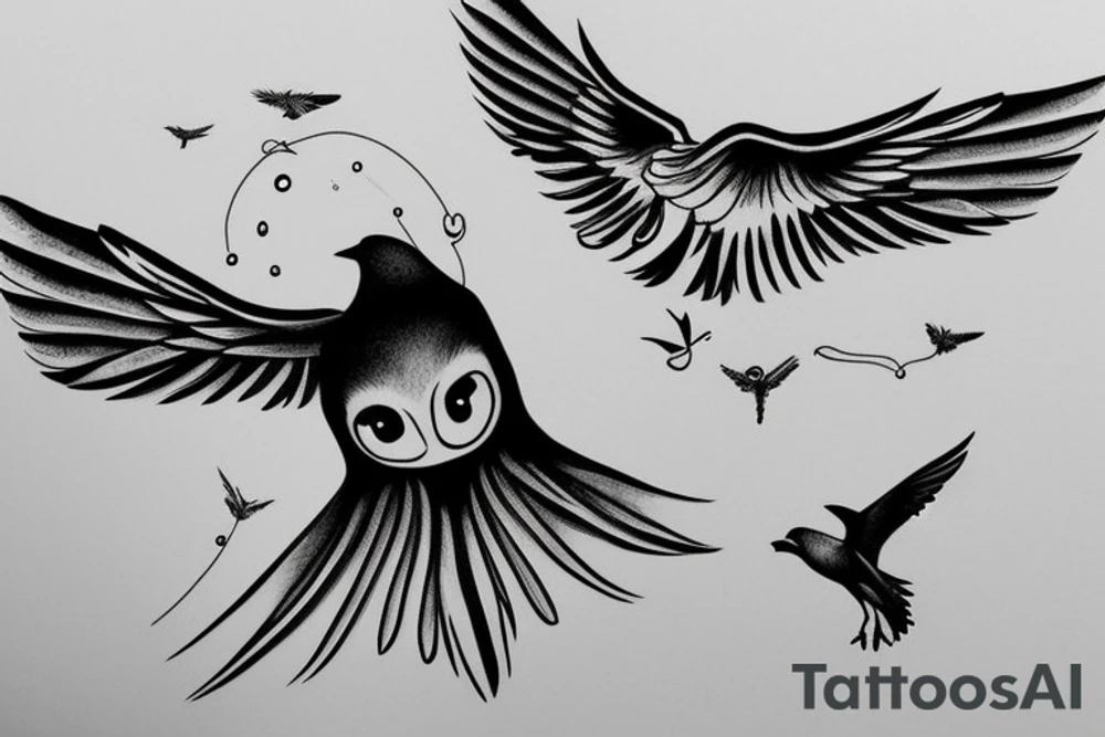 Drawn Flying crow with eyes on the wings tattoo idea