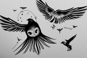 Drawn Flying crow with eyes on the wings tattoo idea