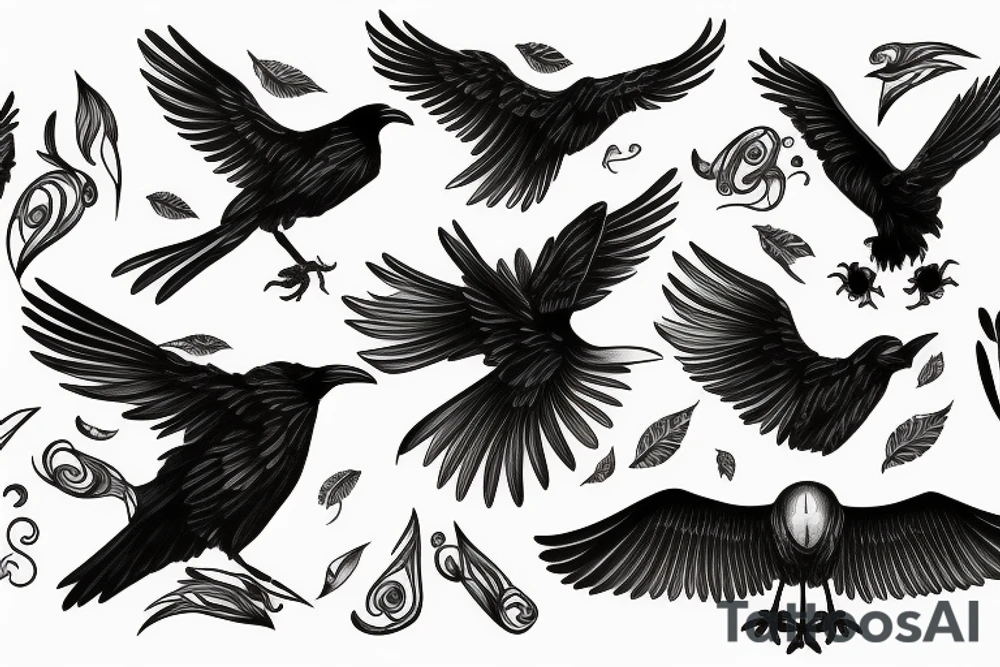 Flying crow with eyes on the wings tattoo idea