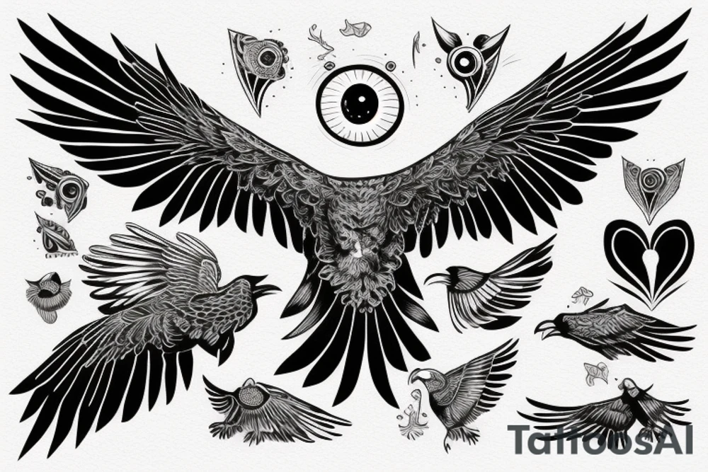 Flying crow with eyes on the wings tattoo idea