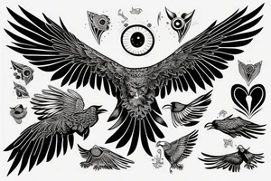 Flying crow with eyes on the wings tattoo idea