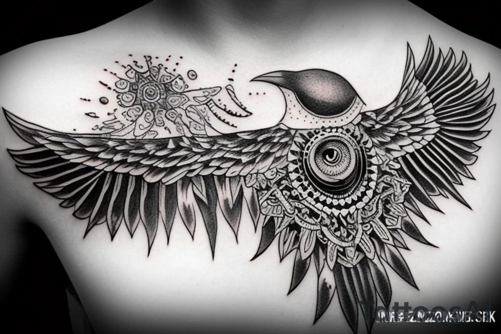 Flying crow with eyes on the wings sketch tattoo idea